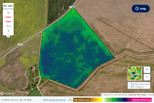Yara Atfarm satelītattēls biomasas atšķirību noteikšanai, 14.10.2022.